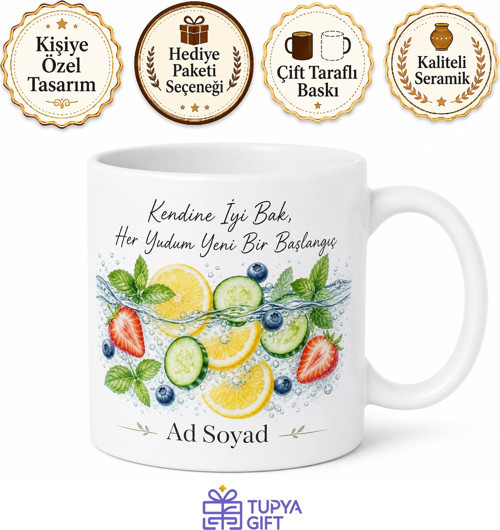 Detoks Suyu Temalı Baskılı Kupa Bardak Hediye Sağlıklı Yaşam Porselen Mug