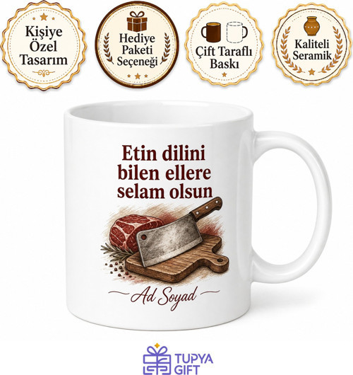 Kasaplara Hediye Satır ve Et Tahtası Temalı Usta Kupası Baskılı Kupa Bardak