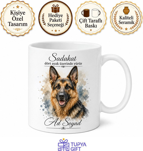 İsme Özel Alman Çoban Köpeği Desenli Kupa Bardak Hediye Porselen Mug
