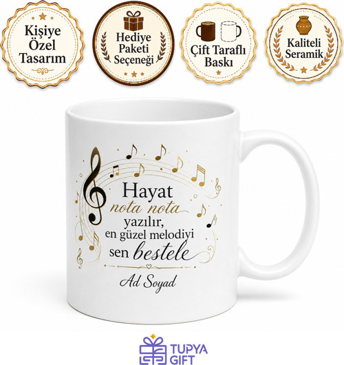 Müzik Sever İçin Mesajlı Hediyelik Baskılı Kupa Bardak Nota Temalı Hediye