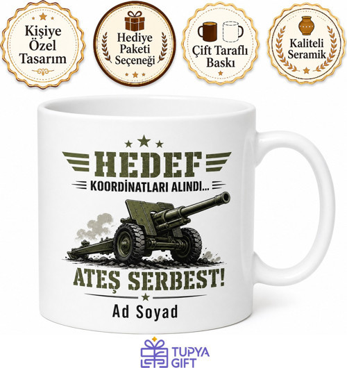 Topçu Askere Hedef Koordinatları Ateş Serbest Esprili Kupa Bardak Hediye