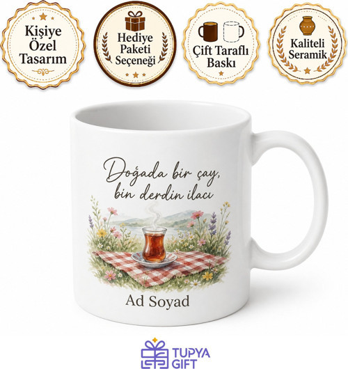 Piknikte Çay Keyfi Yazılı Baskılı Kupa Bardak Hediye Porselen Mug