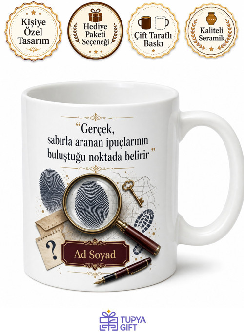 Dedektife Hediye Gizem Çözen Büyüteçli Baskılı Porselen Kupa Bardak