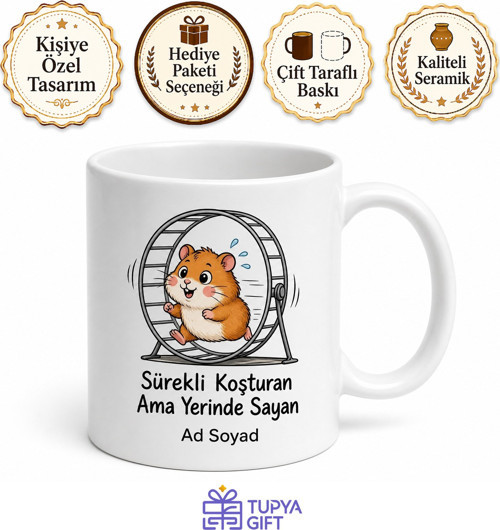 Tekerlekte Koşan Hamster Çizimli Sürekli Çalışan Ama Yerinde Sayan Kupa Bardak Hediye