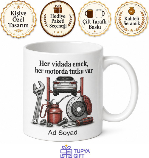 Oto Tamircisine Motor Yağı Fren Balatası Araç Altı Temalı Kupa Bardak Hediye
