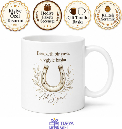 Nal Çizimli Evine Bereket Getiren Yeni Ev Hediyesi Seramik Kupa Bardak