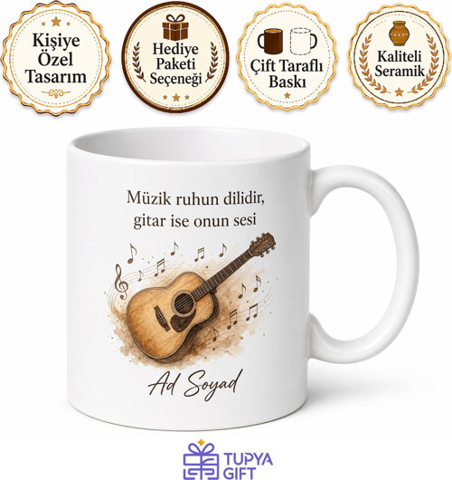 Akustik Gitar Temalı Baskılı Kupa Bardak Müzisyen Hediye Gitarist Kupa