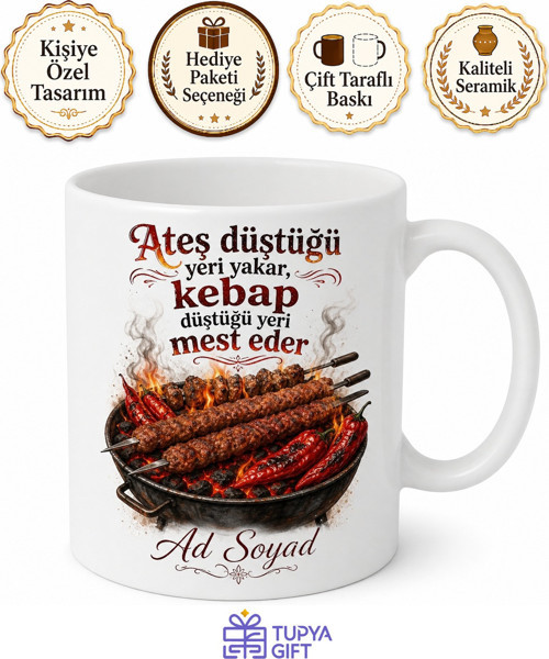 Kebap Severlere Özel Adana Urfa Kebap Ocakbaşı Keyfi Baskılı Porselen Kupa Bardak Hediye