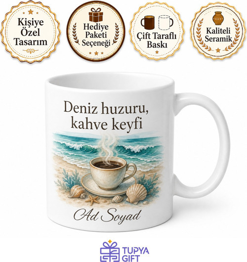Kişiye Özel Deniz ve Kahve Temalı Kupa Bardak İsimli Hediye