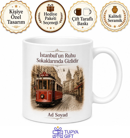 İstiklal Caddesi Nostaljik Kırmızı Tramvay İstanbul Hatırası Baskılı Kupa Bardak Hediye