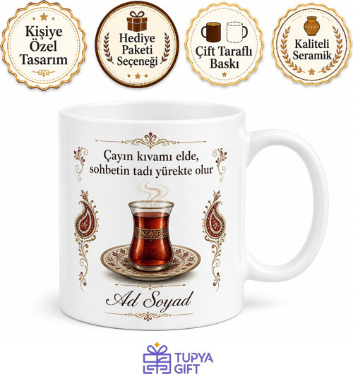 Kahveciye Hediye Kıraathane Çay Sohbeti Temalı İnce Belli Çay Bardağı Baskılı Kupa Bardak