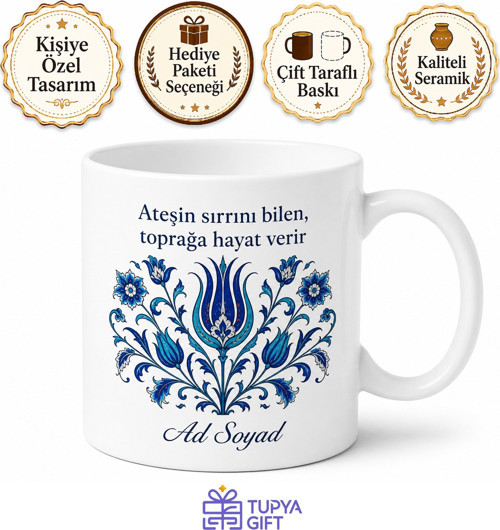 Çini Ustasına Hediye İznik Mavisi Lale Motifi El Sanatı Sır Altı Fırın Kupa Bardak