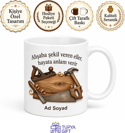 Marangoz Ustasına Ahşap İşleri Mobilya Montajı Temalı Baskılı Porselen Kupa Bardak Hediye