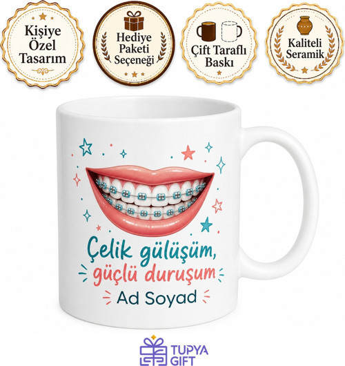 Diş Teli Braketli Gençlere Ortodonti Çelik Gülüş Temalı Hediye Kupa Bardak