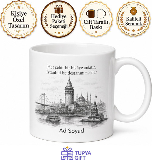Karakalem Çizim Şehir Silüeti İstanbul Manzaralı Kupa Bardak Hediye