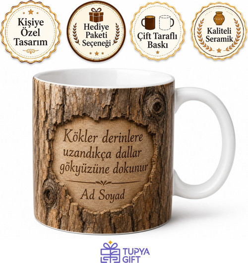 Ahşap Kütük Görünümlü İsim Kazıma Efektli Rustik Kupa Bardak Hediye