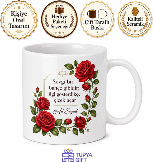 Gül Bahçesi Temalı Kırmızı Güllerle Süslenmiş Romantik Kupa Bardak Hediye