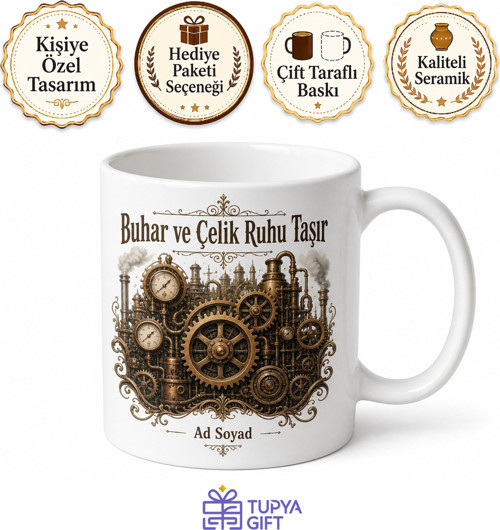 Steampunk Buhar Makinesi Mekanik Dişli Çark Tasarım Baskılı Porselen Kupa Bardak Hediye