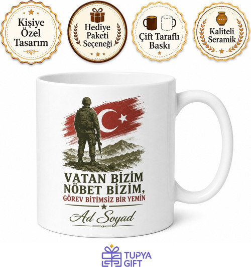 Vatanın Yılmaz Savunucusu Asker İsim Yazılı Çay Kupası Hediye Bardak