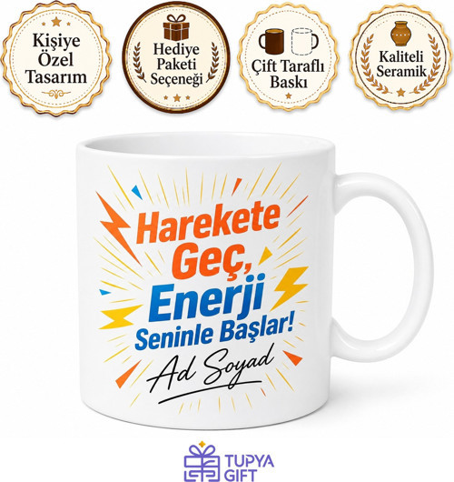 İsme Özel Enerjik Yazılı Baskılı Kupa Bardak Hediye Özel Tasarım Porselen Mug