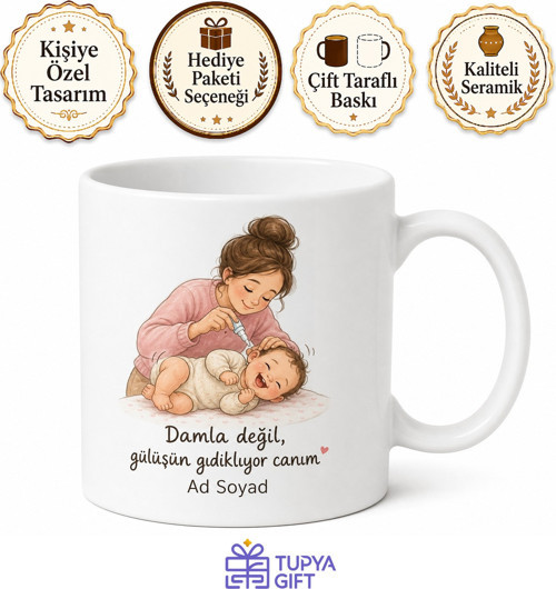 Kulak Damlası Damlatan Anne Yan Yatan Bebek Gıdıklaması Komik Kupa Bardak Hediye