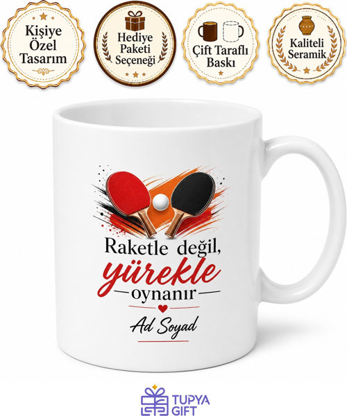 İsimli Masa Tenisi Desenli Baskılı Kupa Bardak Ping Pong Hediye
