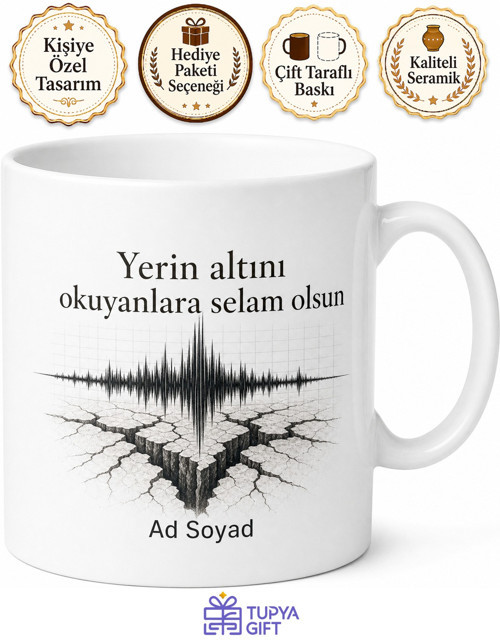 Deprem Uzmanına Hediye Sismograf Fay Hattı Deprem Bilimi Temalı Porselen Kupa Bardak