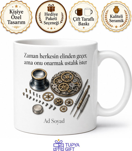 Saat Tamircisine Hediye Mikro Vida Büyüteçli Göz Saat Mekanizması Baskılı Kupa Bardak