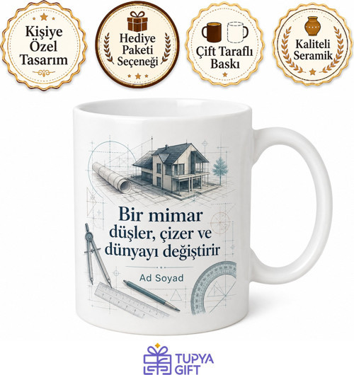 İsimli Maket Ev Desenli Mimar Kupası Özel Baskılı Hediye Bardak