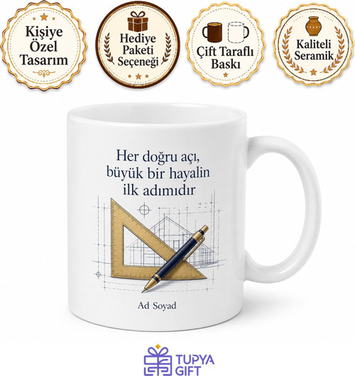 Gönye ve Kalem Çizimli Doğru Açıyı Bulan Mimari Deha Kupa Bardak Hediye