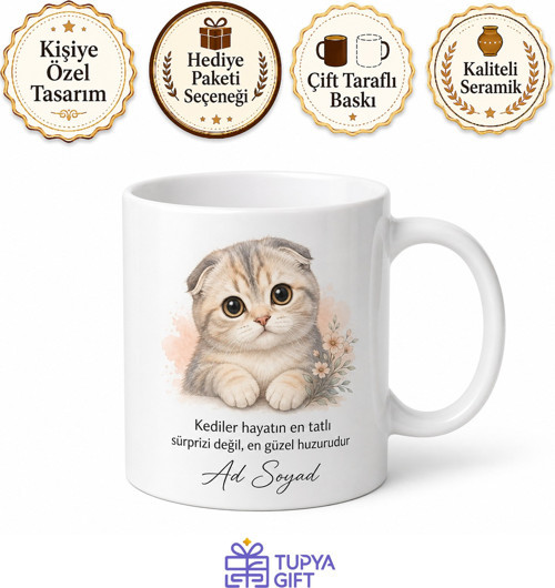 İsme Özel Scottish Fold Desenli Kupa Bardak Kedi Severler İçin Hediye