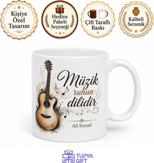 İsimli Gitar Desenli Baskılı Kupa Bardak Hediye Müzisyen Özel Tasarım
