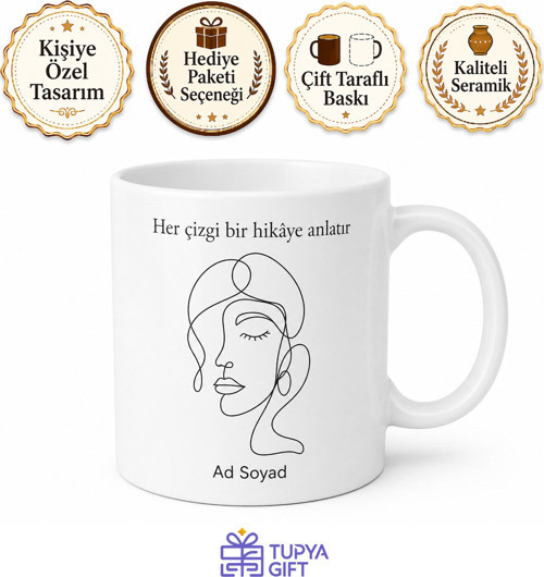 Tek Çizgi Sanatı Soyut Yüz Estetik Çizimli Minimalist Kadın Kupa Bardak Hediye