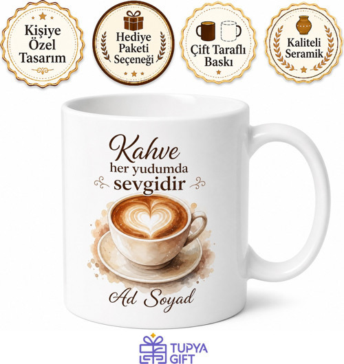 Latte Sanatı Çizimli Kalpli Kahve Köpüğü Görselli Kupa Bardak Hediye