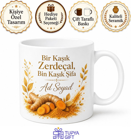Zerdeçal Kullananlara Hediye Toz Zerdeçal Altın Süt Şifalı Baharat Temalı Kupa Bardak