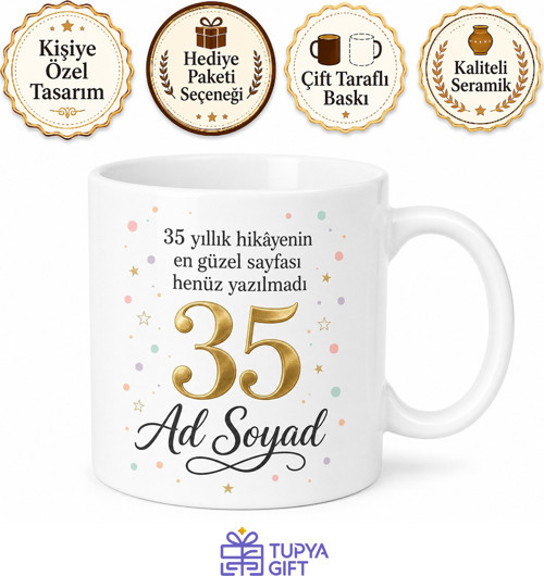 İsimli Kupa 35 Yaş Doğum Günü Baskılı Hediye Bardak Özel Tasarım