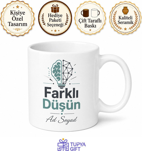 Farklı Düşün Yazılı Baskılı Kupa Bardak Hediye Motivasyon Porselen Mug