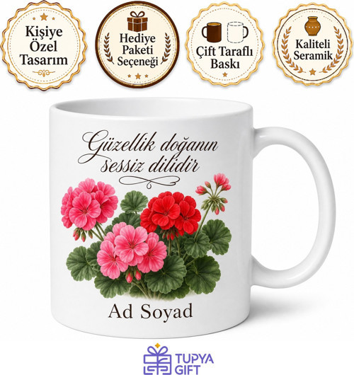 İsimli Sardunya Desenli Kupa Bardak Kişiye Özel Tasarım Hediye