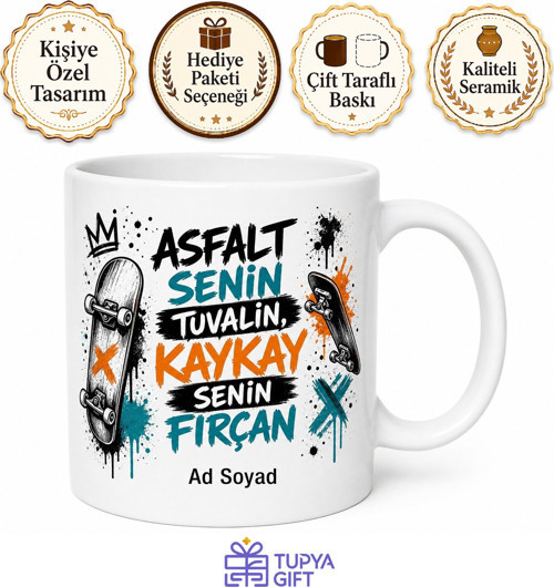 Kaykay Çizimli Sokak Kültürü Kupa Bardak Gençlere Özel Hediye Skate Tasarım