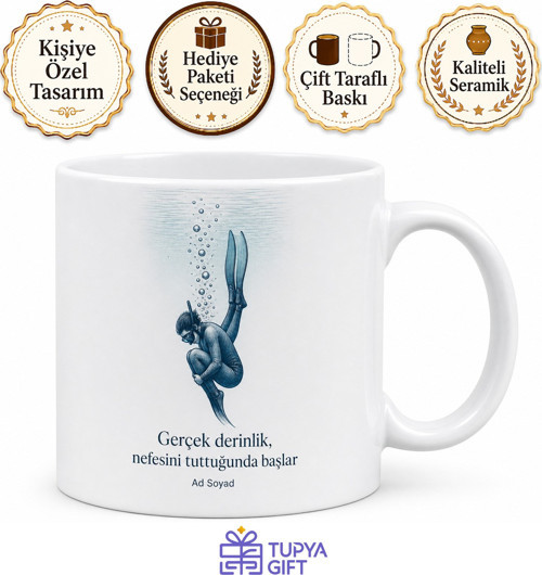 Serbest Dalış Nefes Tutma Çizimli Kendi İç Dünyasına Dalan Sakin Kupa Bardak Hediye