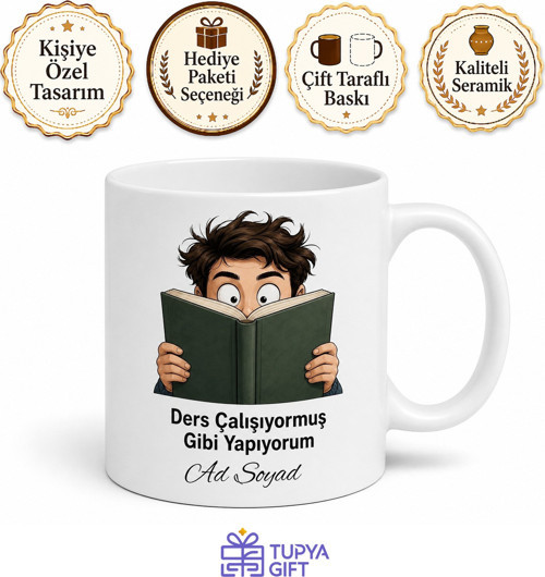 Ders Çalışıyormuş Gibi Yapanlara Kitap Kapağı Bakışmalı Kupa Hediye Bardak