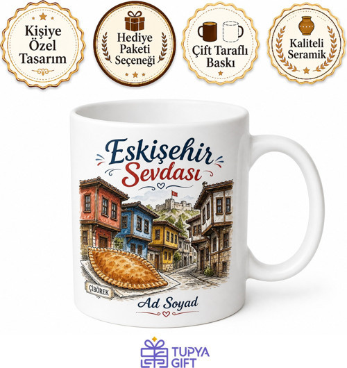 Odunpazarı Evleri ve Çibörek Çizimli Nostaljik Eskişehir Kupa Bardak Hediye