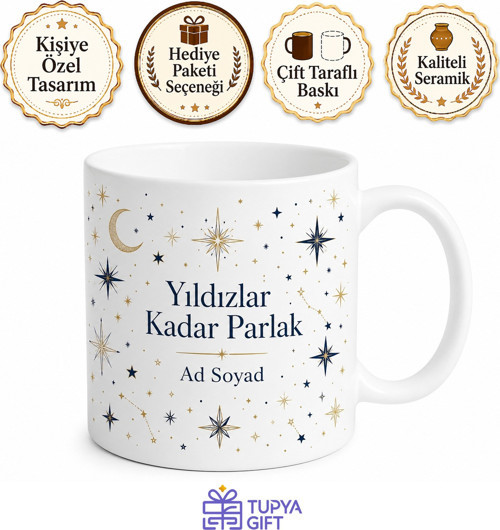 İsimli Yıldız İşareti Desenli Baskılı Kupa Bardak Hediye