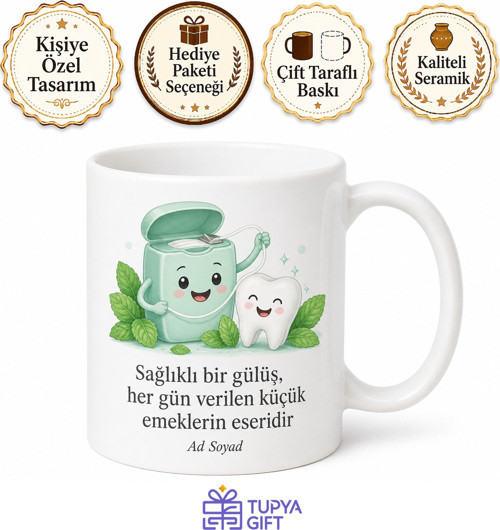 Diş İpi Kullananlara Özel Nane Aromalı Diş İpi Temalı Sağlıklı Dişler Baskılı Porselen Kupa Hediye