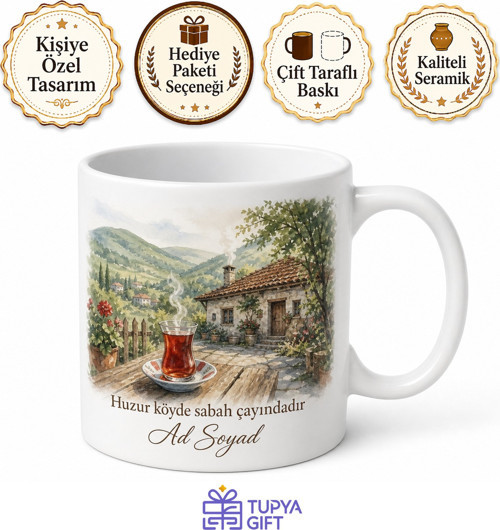 Köyde Sabah Çayı Temalı Baskılı Kupa Bardak Hediye Porselen Mug