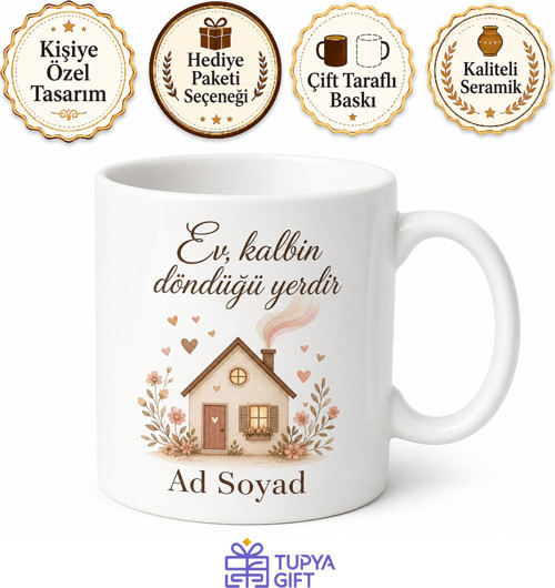 Ev Temalı Kişiye Özel Baskılı Kupa Bardak Hediye Porselen Mug
