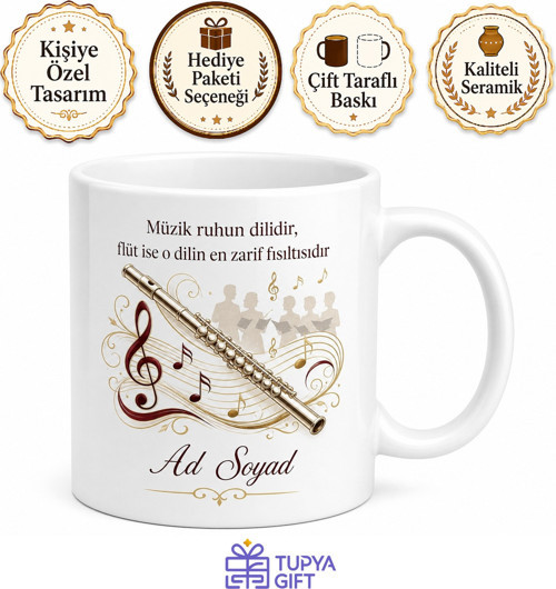 Müzik Öğretmeni Flüt Notaları Koro Melodi Sesi Baskılı Porselen Kupa Hediye Bardak