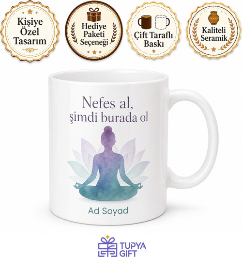 İsimli Lotus Pozisyonu Desenli Kupa Bardak Yoga Meditasyon Hediye