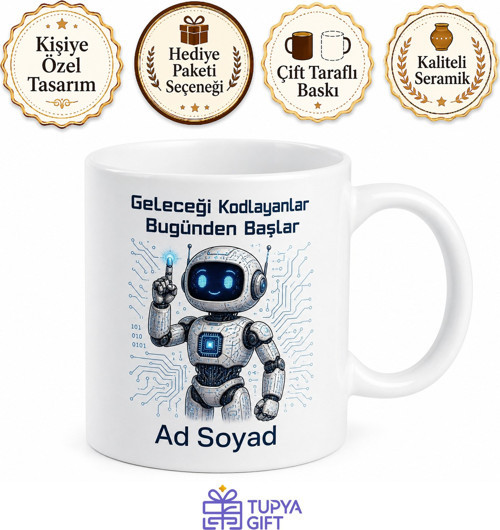 Robot Çizimli Yapay Zeka Temalı Teknolojik Kupa Bardak Hediye