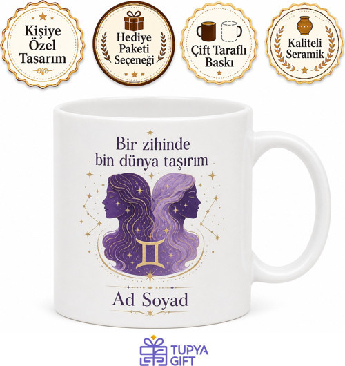 İkizler Burcu Temalı Baskılı Porselen Kupa Bardak Hediye Hediyelik